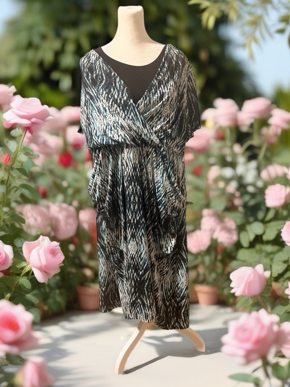 Alfani Black & Teal Printed Wrap-Style Women's Dress
